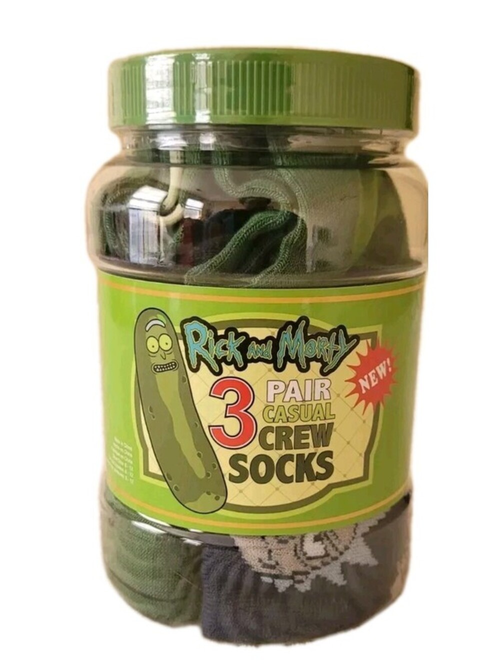 Rick & Morty Pickle Rick Crew Socks in Pickle Jar 3 Pair New Sealed